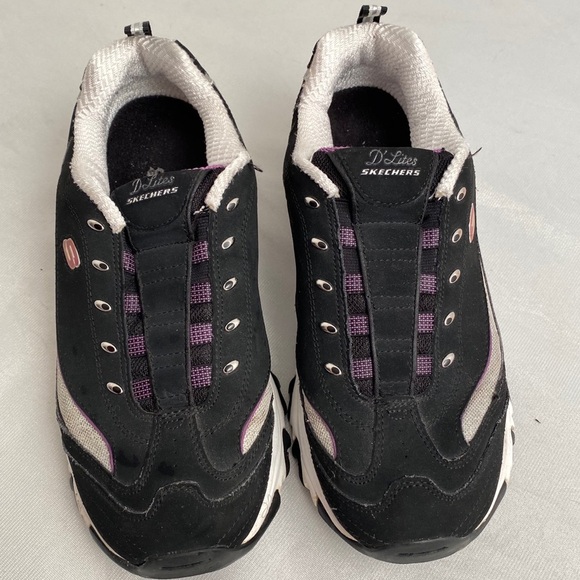Skechers D’Lites black and purple slip on sneakers 10 - Picture 2 of 6